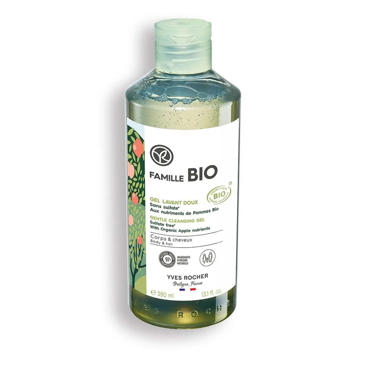 FAMILLE BIO maigs attīrošs gēls-šampūns ķermenim un matiem ar organisku ābolu ekstraktu, 390ml