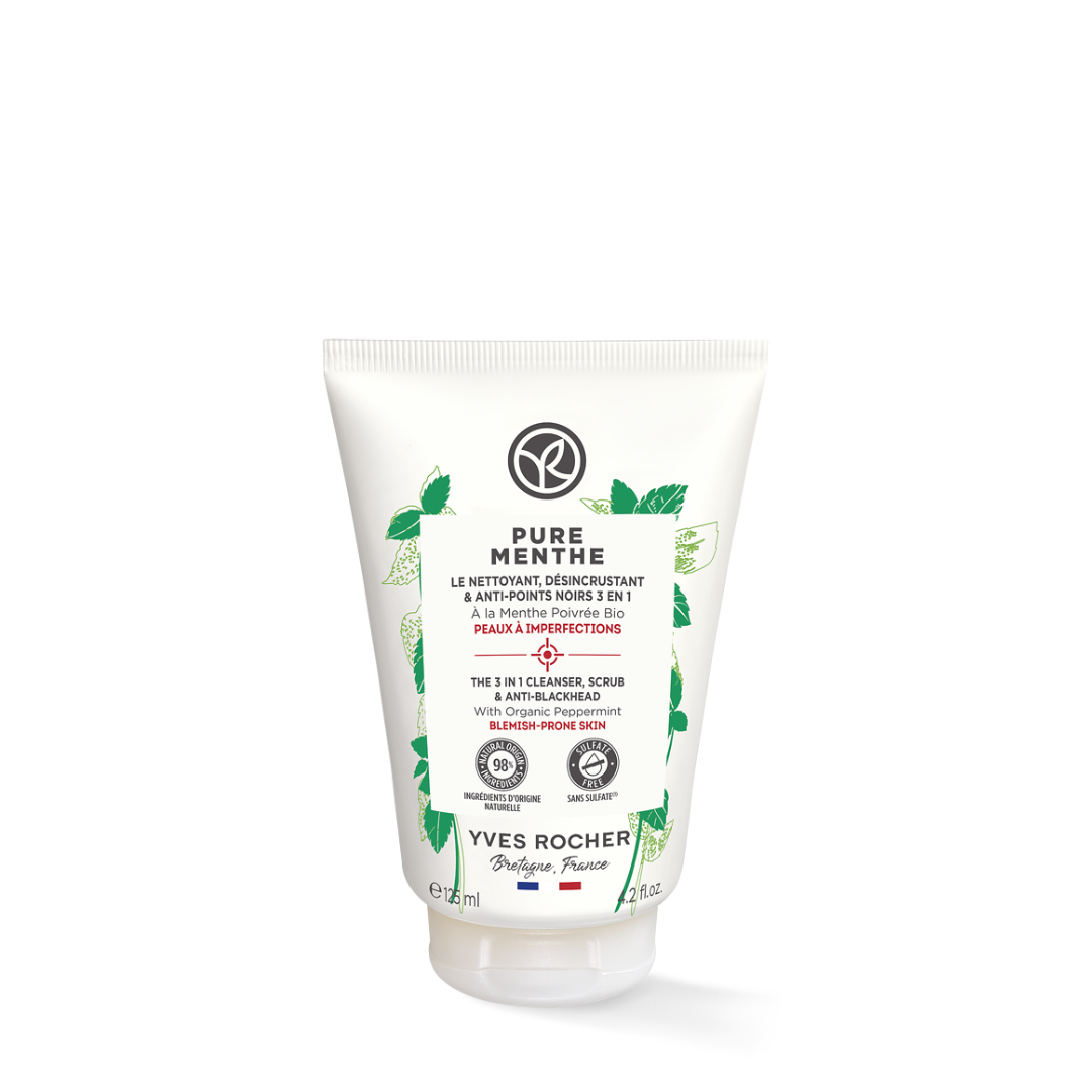 PURE MENTHE attīrošs gēls-gomāžs sejai pret melniem punktiem ar organisku piparmētras ekstraktu kombinētai ādai, 125ml