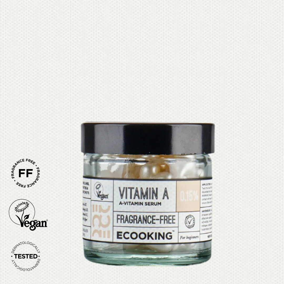 ECOOKING A VITAMĪNA SERUMS 0,15% bez smaržvielām, novērš agrīnas novecošanas pazīmes un palīdz cīņā ar akni, 60 KAPSULAS