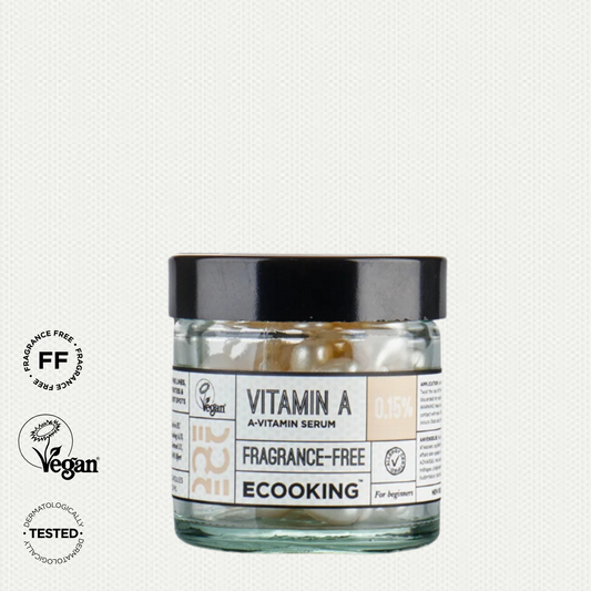 ECOOKING A VITAMĪNA SERUMS 0,15% bez smaržvielām, novērš agrīnas novecošanas pazīmes un palīdz cīņā ar akni, 60 KAPSULAS