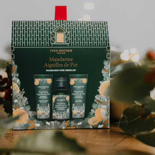 MANDARĪNU UN PRIEŽU SKUJAS dāvanu komplekts ar dušas gēlu, ķermeņa skrubi un ķermeņa pieniņu