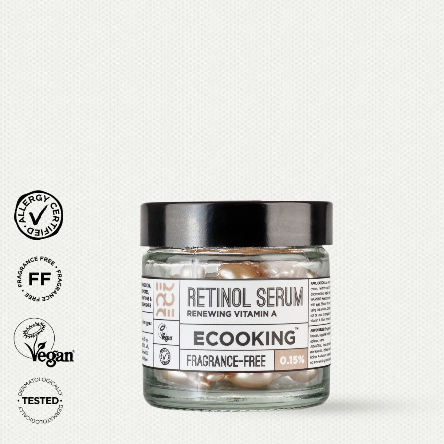 ECOOKING A VITAMĪNA SERUMS 0,15% bez smaržvielām, novērš agrīnas novecošanas pazīmes un palīdz cīņā ar akni, 60 KAPSULAS